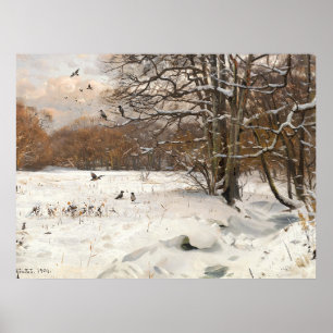 Affiche Paysage hivernal vintage avec corbeaux, huile sur