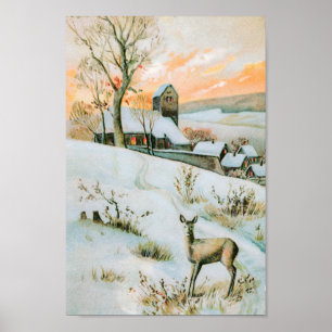 Affiche Paysage hivernal vintage de neige avec cerf