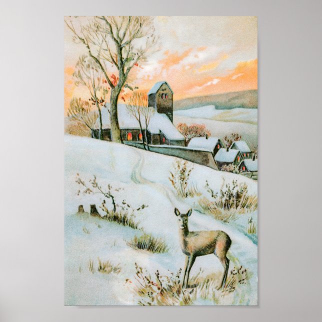 Affiche Paysage hivernal vintage de neige avec cerf (Devant)