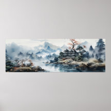 Paysage japonais Aquarelle Lac de montagne