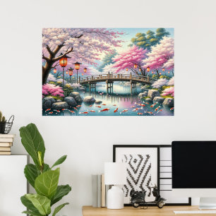 Affiche Paysage japonais avec Pont, Koi et Sakura