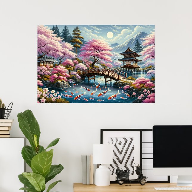 Affiche Paysage japonais avec Pont, Koi et Sakura (Bureau à domicile)