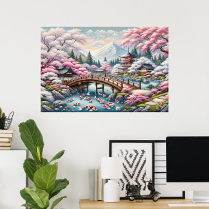 Affiche Paysage japonais avec Pont, Koi et Sakura