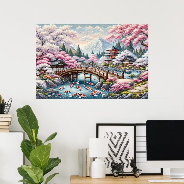 Affiche Paysage japonais avec Pont, Koi et Sakura (Bureau à domicile)