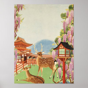 Affiche Paysage JAPONAIS   cerf sacré de Nara   temple