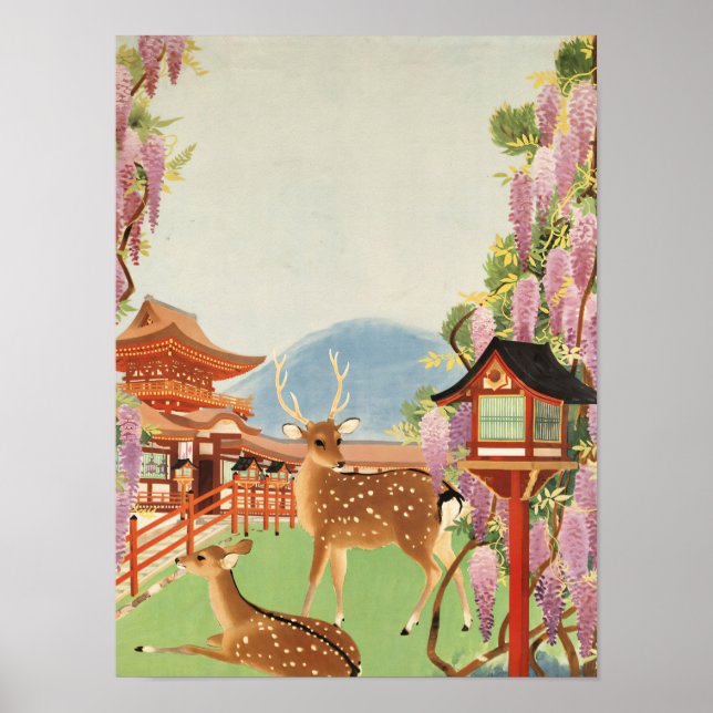 Affiche Paysage JAPONAIS | cerf sacré de Nara | temple (Devant)