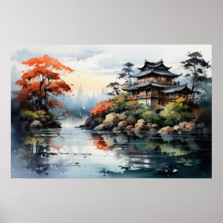 Affiche Paysage japonais d'aquarelle Lac d'automne