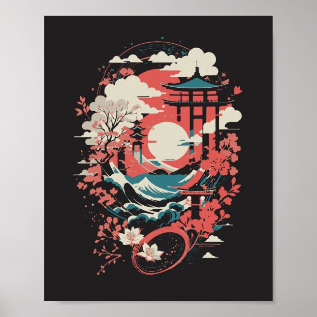 Affiche Paysage japonais graphique soleil rouge pagode et  (Devant)