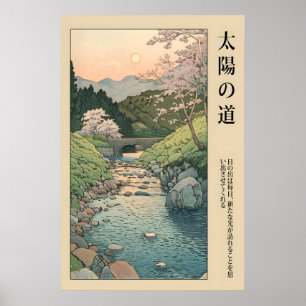 Affiche Paysage Japonais Lever de Soleil Rivière et Cerisi