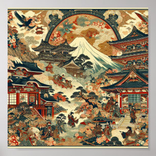Affiche Paysage japonais Mt Fuji Temples Cerisiers en fleu