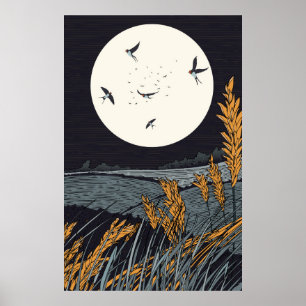 Affiche Paysage japonais vintage la nuit