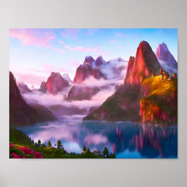 Affiche Paysage lacustre entouré de montagnes (Devant)