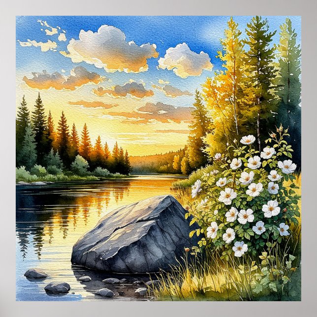 Affiche Paysage lacustre tranquille au coucher du soleil (Devant)