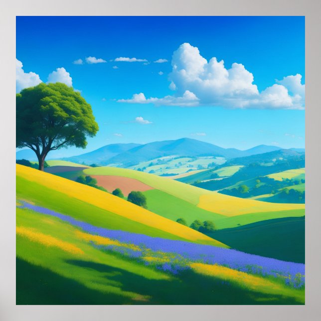 Affiche paysage lumineux avec des collines ondulées (Devant)