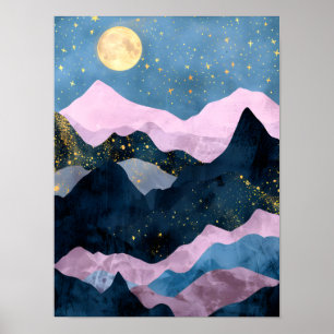 Affiche Paysage lunaire minimaliste étoilé de montagne et