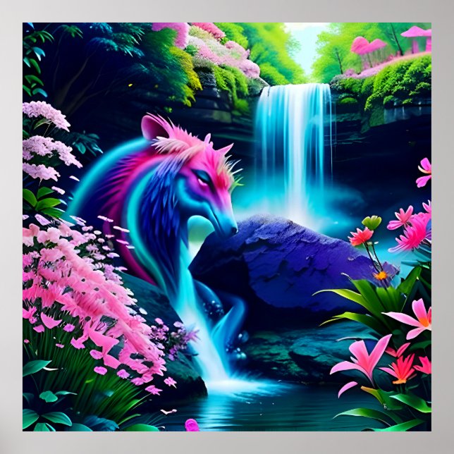 Affiche Paysage Magique Cascade et Fleurs Deux (Devant)