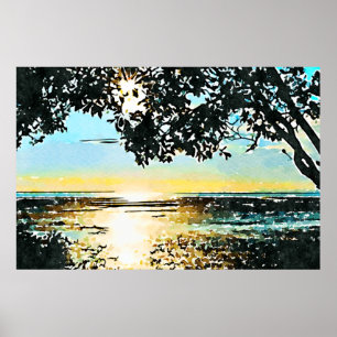 Affiche Paysage marin aquarelle au lever du soleil