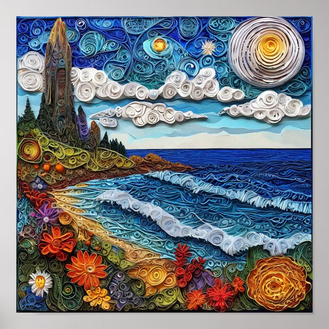 Affiche 🌊 Paysage marin Art de papier en quilling Vague o (Devant)
