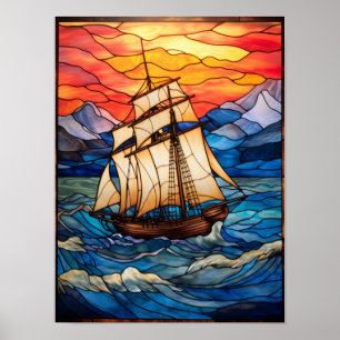 Affiche Paysage marin au coucher du soleil d'un grand voil