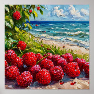 Affiche Paysage marin avec des framboises surréalisme créa