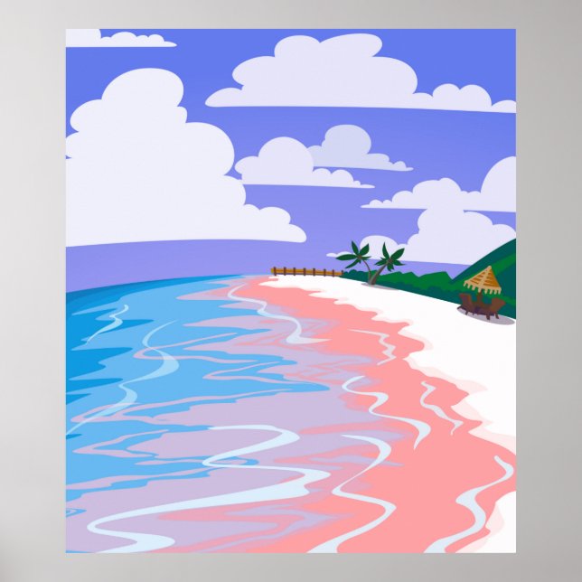 Affiche Paysage marin de plage tropicale avec sable rose,  (Devant)