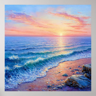 Affiche Paysage marin océanique au coucher de soleil doré,