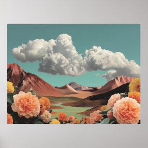 Affiche Paysage Montagnard Floral Surréaliste Avec Nuages