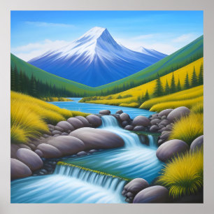 Affiche Paysage montagneux serein avec ruisseau en cascade