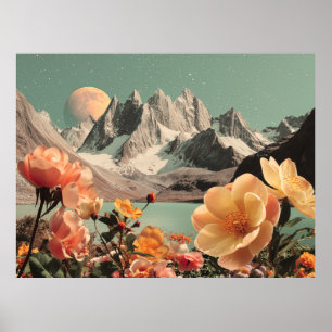 Affiche Paysage Montagneux Surréaliste Avec Fleurs en Fleu