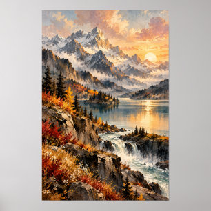 Affiche Paysage mural du lac et de la cascade de la montag