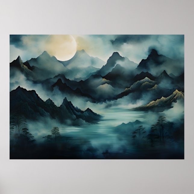Affiche Paysage mystique : Montagnes Lumineuses, Brume, Ri (Devant)