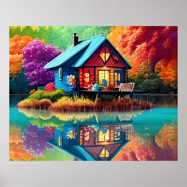 Affiche Paysage naturel avec lac, chalet, automne (Devant)
