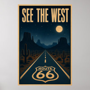 Affiche Paysage nocturne de la route 66 désertique vintage