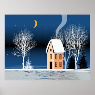 Affiche Paysage nocturne d'hiver. Maison cosy, divers arbr