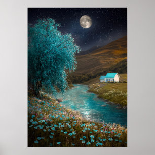Affiche Paysage nocturne enchanté - Scène de rivière oniri