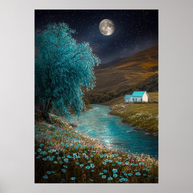 Affiche Paysage nocturne enchanté - Scène de rivière oniri (Devant)