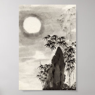Affiche paysage nocturne japonais sumi-e clair de lune