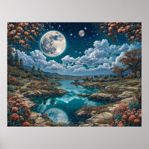 Affiche Paysage nocturne serein avec pleine lune