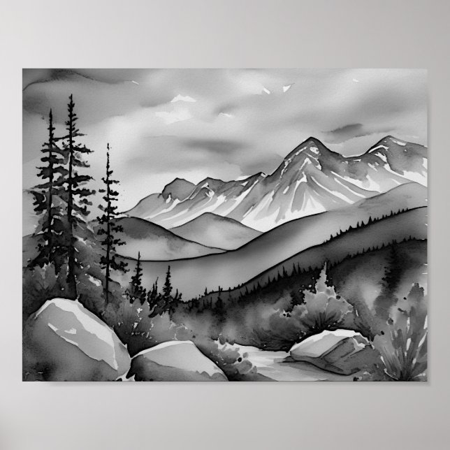 Affiche Paysage noir et blanc peinture de montagnes (Devant)