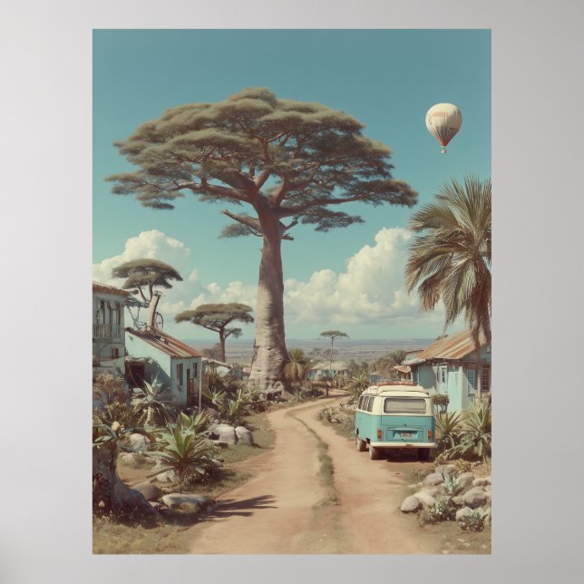 Affiche Paysage onirique de baobab avec fourgonnette vinta (Devant)