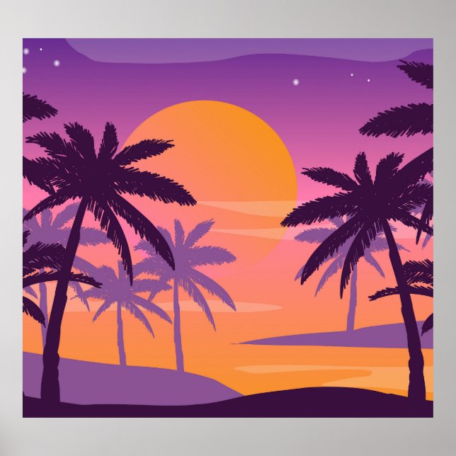 Affiche Paysage panoramique : coucher de soleil avec palmi (Devant)