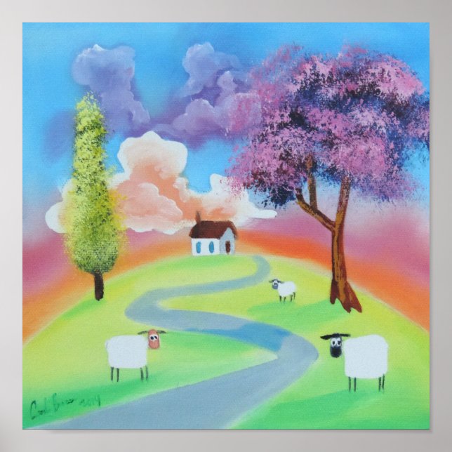 Affiche Paysage populaire coloré photo de mouton (Devant)