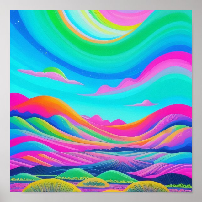 Affiche Paysage psychédélique Art rose vert (Devant)