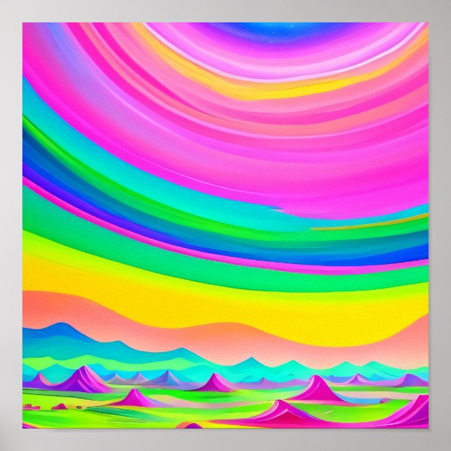 Affiche Paysage Psychédélique Rose Vert Art  (Devant)
