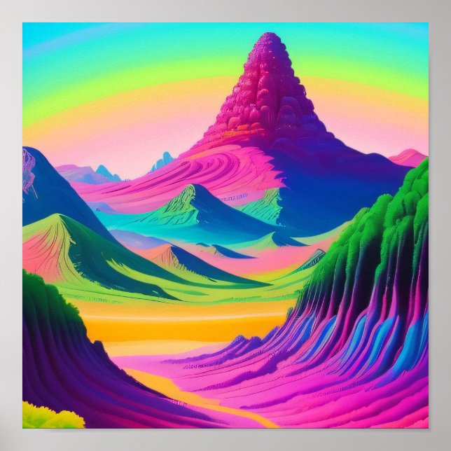 Affiche Paysage Psychédélique Rose Vert Art Montagne  (Devant)
