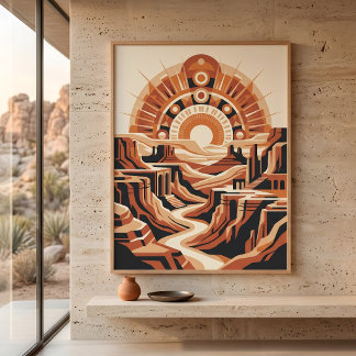 Affiche Paysage Rétro Soleil Couchant Canyon Désertique en
