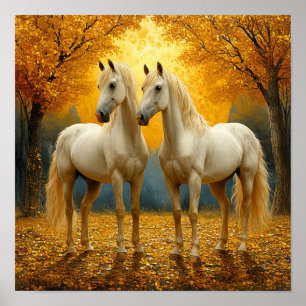 Affiche Paysage romantique de forêt automnale aux chevaux