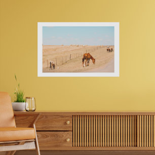 Affiche Paysage rural Chevaux sauvages Champs Oiseaux