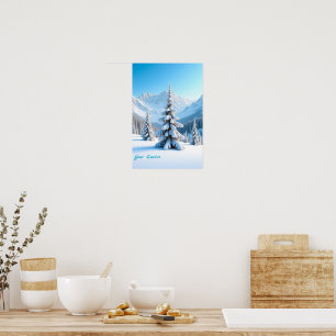 Affiche Paysage serein de montagne enneigée et pin d'hiver