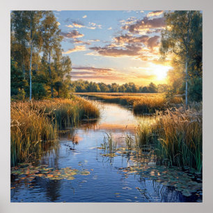 Affiche Paysage serein du lac de la forêt, reflets de la n
